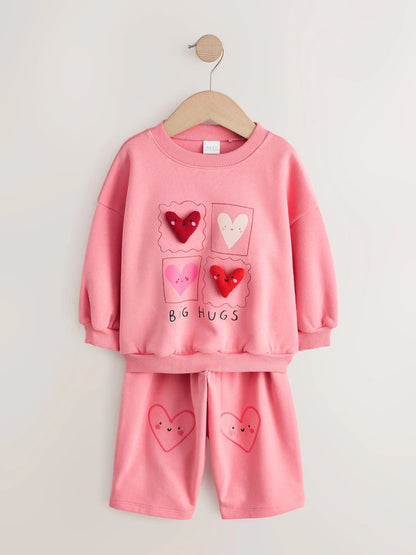 |Girl| Conjunto De Blusa e Calça Com Estampa De Corações Rosa (2 peças, tamanhos de 3 meses a 7 anos)