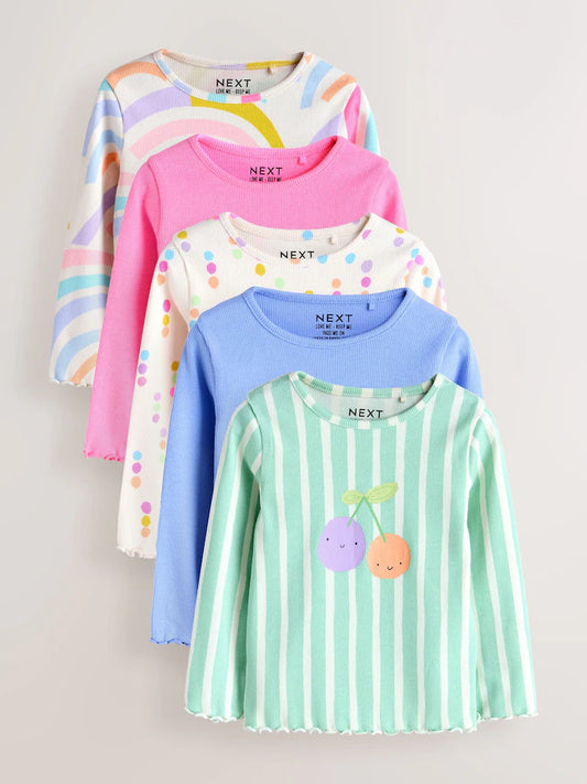 |Girl| Conjunto Com 5 Camisetas Caneladas De Manga Comprida Em Tons Pastel De Arco-íris (3 meses a 7 anos)