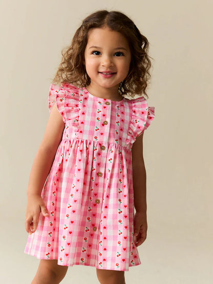 |Girl| Vestido Xadrez Rosa Com Estampa De Cerejas e Mangas Com Babados Duplos (3 meses a 8 anos)