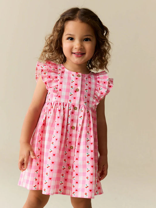 |Girl| Vestido Xadrez Rosa Com Estampa De Cerejas e Mangas Com Babados Duplos (3 meses a 8 anos)