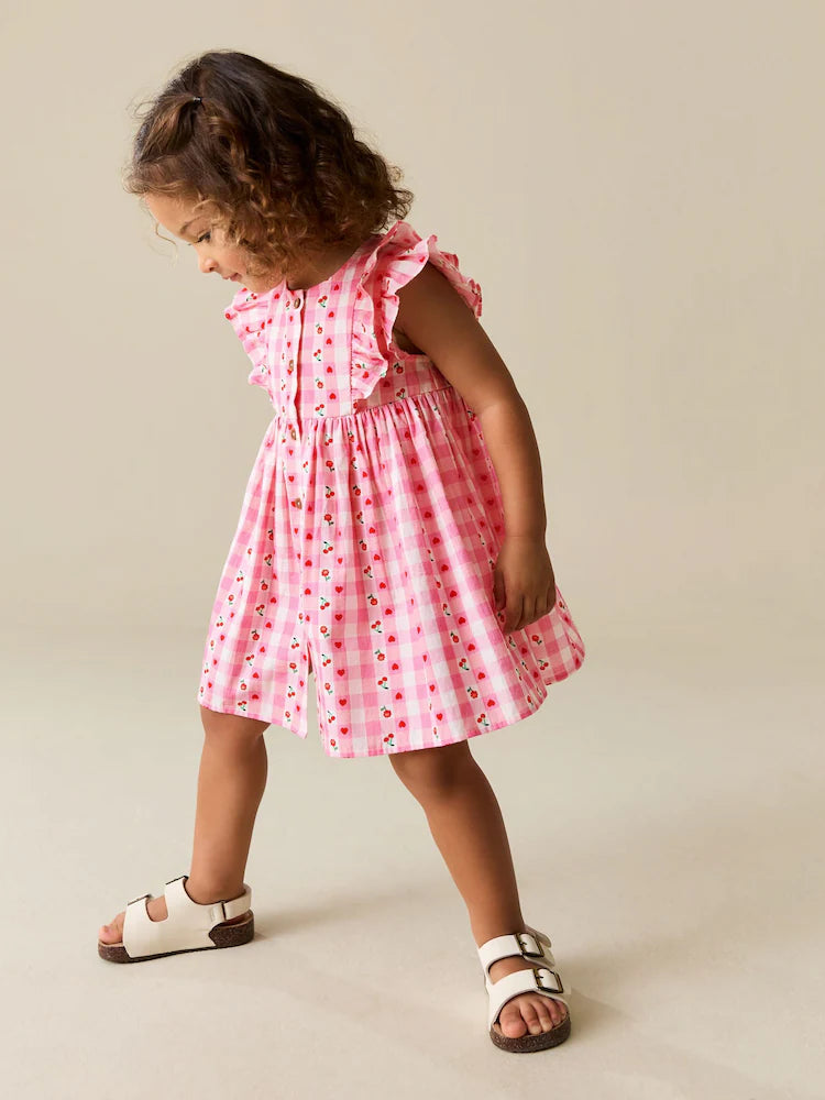 |Girl| Vestido Xadrez Rosa Com Estampa De Cerejas e Mangas Com Babados Duplos (3 meses a 8 anos)