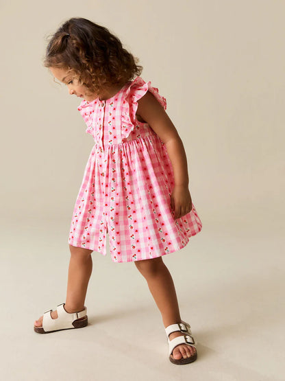|Girl| Vestido Xadrez Rosa Com Estampa De Cerejas e Mangas Com Babados Duplos (3 meses a 8 anos)