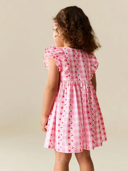 |Girl| Vestido Xadrez Rosa Com Estampa De Cerejas e Mangas Com Babados Duplos (3 meses a 8 anos)