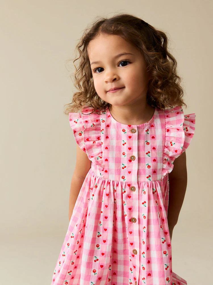 |Girl| Vestido Xadrez Rosa Com Estampa De Cerejas e Mangas Com Babados Duplos (3 meses a 8 anos)