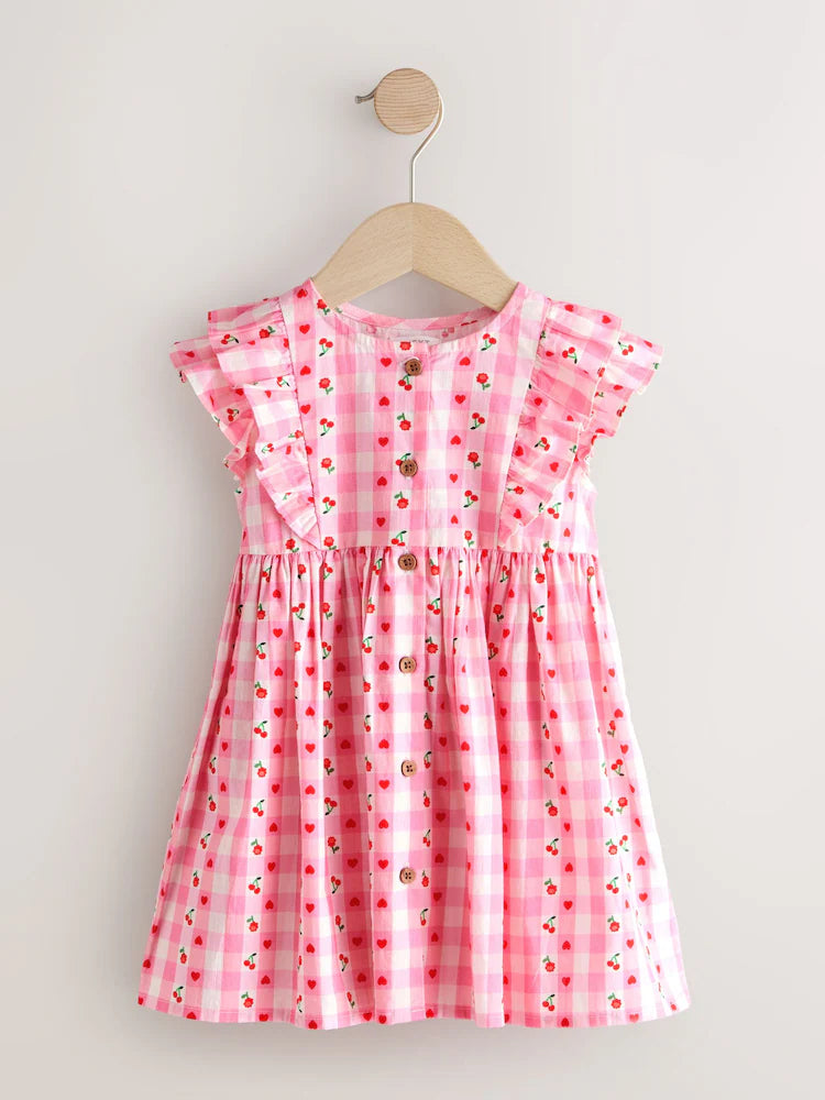 |Girl| Vestido Xadrez Rosa Com Estampa De Cerejas e Mangas Com Babados Duplos (3 meses a 8 anos)