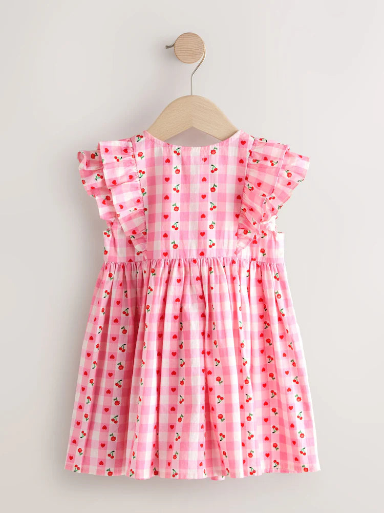 |Girl| Vestido Xadrez Rosa Com Estampa De Cerejas e Mangas Com Babados Duplos (3 meses a 8 anos)