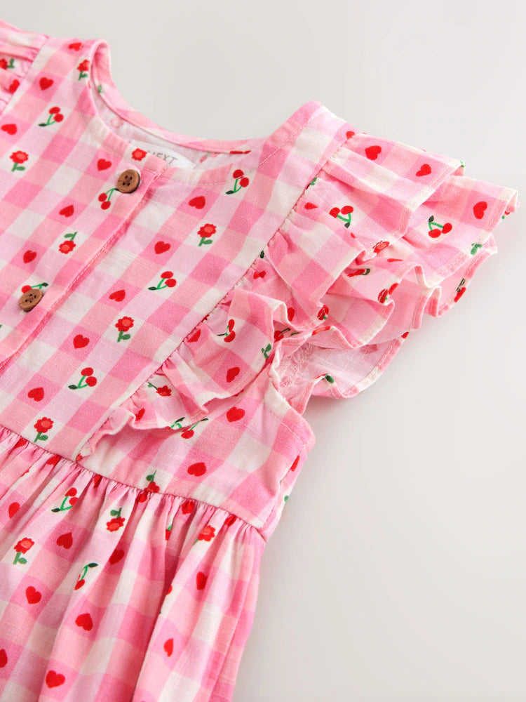 |Girl| Vestido Xadrez Rosa Com Estampa De Cerejas e Mangas Com Babados Duplos (3 meses a 8 anos)