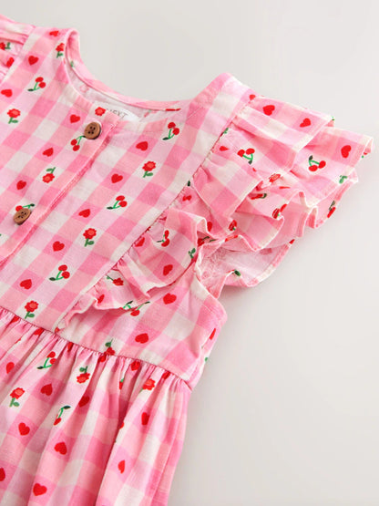 |Girl| Vestido Xadrez Rosa Com Estampa De Cerejas e Mangas Com Babados Duplos (3 meses a 8 anos)