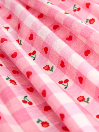|Girl| Vestido Xadrez Rosa Com Estampa De Cerejas e Mangas Com Babados Duplos (3 meses a 8 anos)