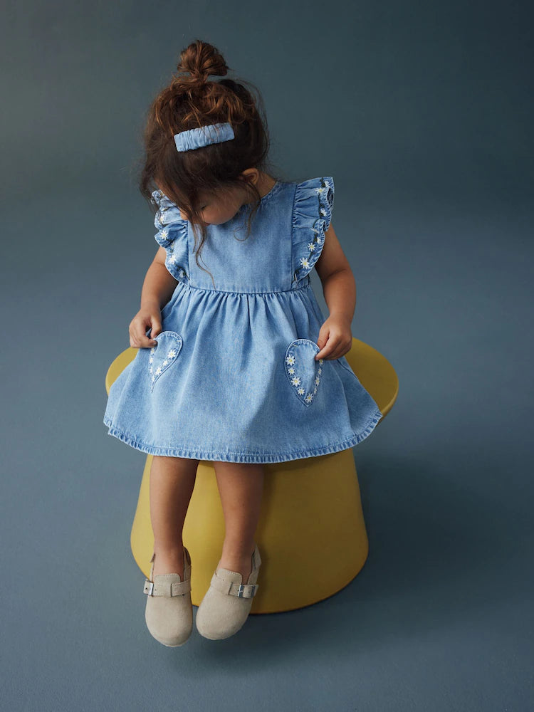 |Girl| Vestido Jeans Azul-Médio com Mangas com Babados (3 meses a 8 anos)
