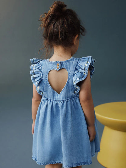 |Girl| Vestido Jeans Azul-Médio com Mangas com Babados (3 meses a 8 anos)