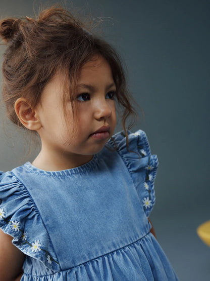 |Girl| Vestido Jeans Azul-Médio com Mangas com Babados (3 meses a 8 anos)