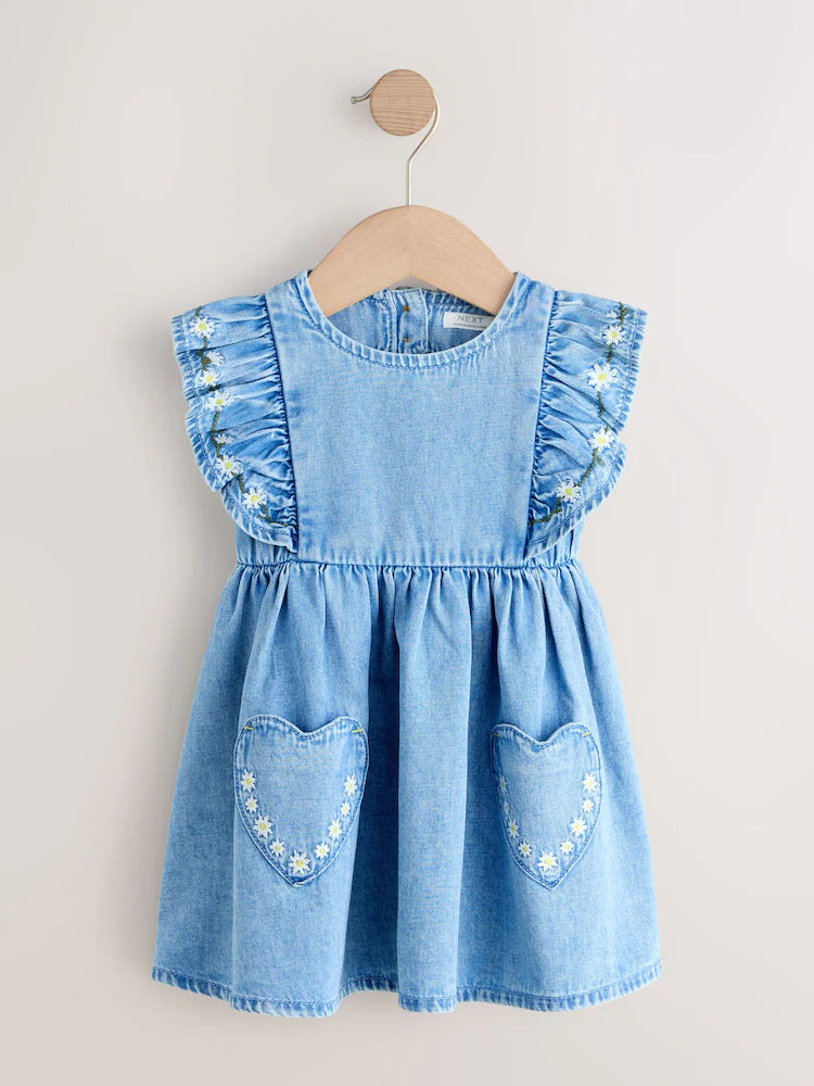 |Girl| Vestido Jeans Azul-Médio com Mangas com Babados (3 meses a 8 anos)