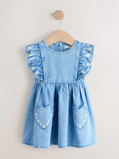 |Girl| Vestido Jeans Azul-Médio com Mangas com Babados (3 meses a 8 anos)
