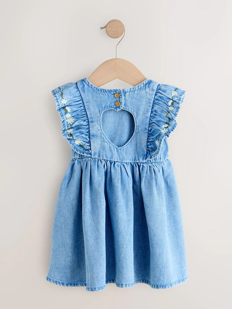 |Girl| Vestido Jeans Azul-Médio com Mangas com Babados (3 meses a 8 anos)