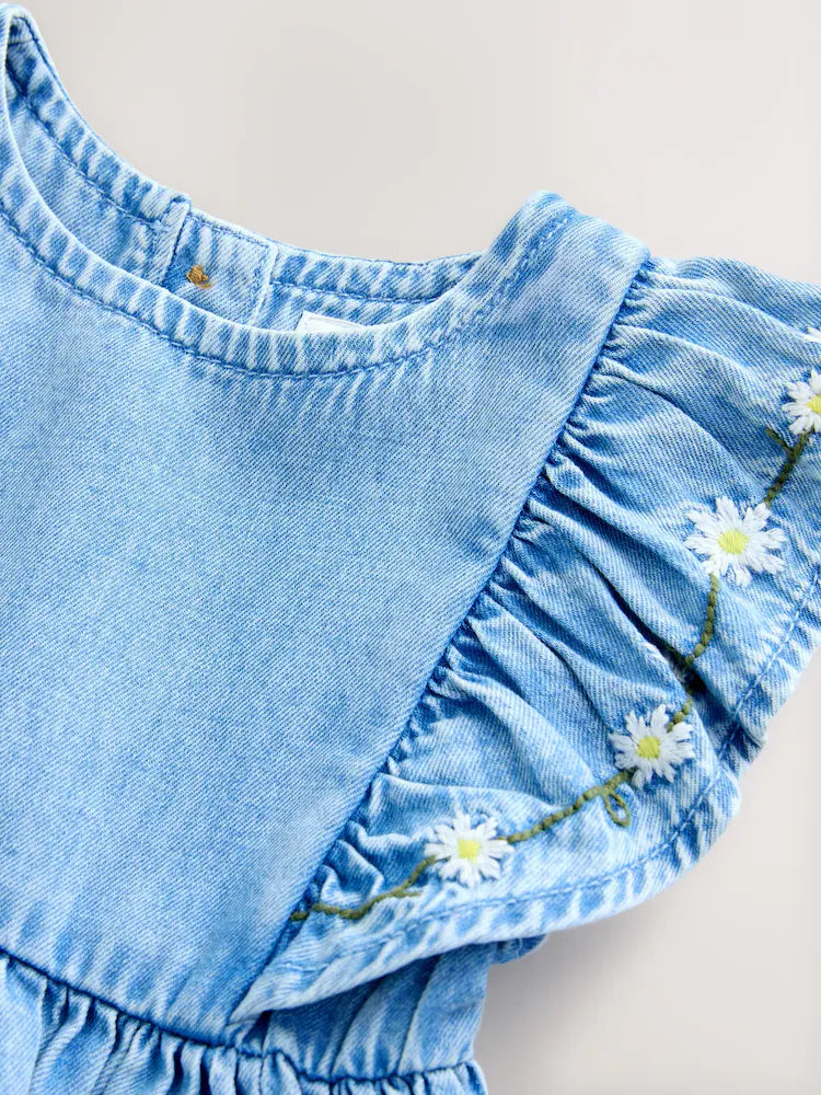 |Girl| Vestido Jeans Azul-Médio com Mangas com Babados (3 meses a 8 anos)