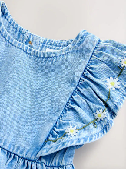 |Girl| Vestido Jeans Azul-Médio com Mangas com Babados (3 meses a 8 anos)