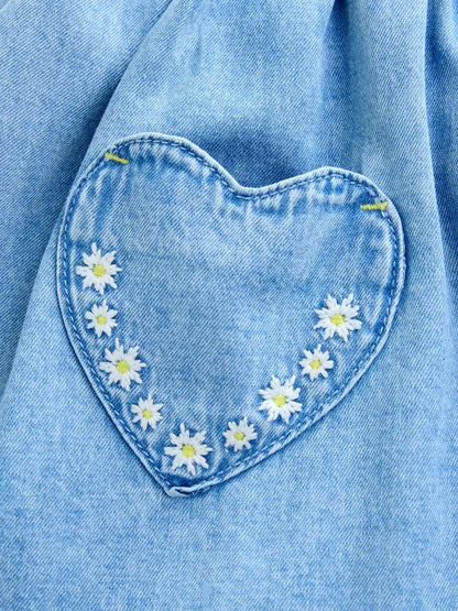 |Girl| Vestido Jeans Azul-Médio com Mangas com Babados (3 meses a 8 anos)
