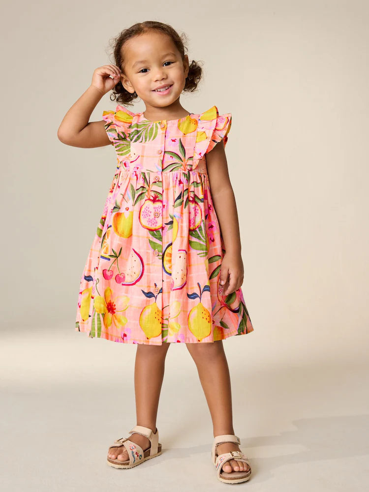|Girl| Vestido Tropical Rosa Pêssego Com Mangas Duplas Franzidas (3 meses a 8 anos)