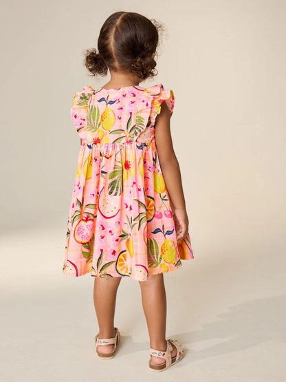 |Girl| Vestido Tropical Rosa Pêssego Com Mangas Duplas Franzidas (3 meses a 8 anos)
