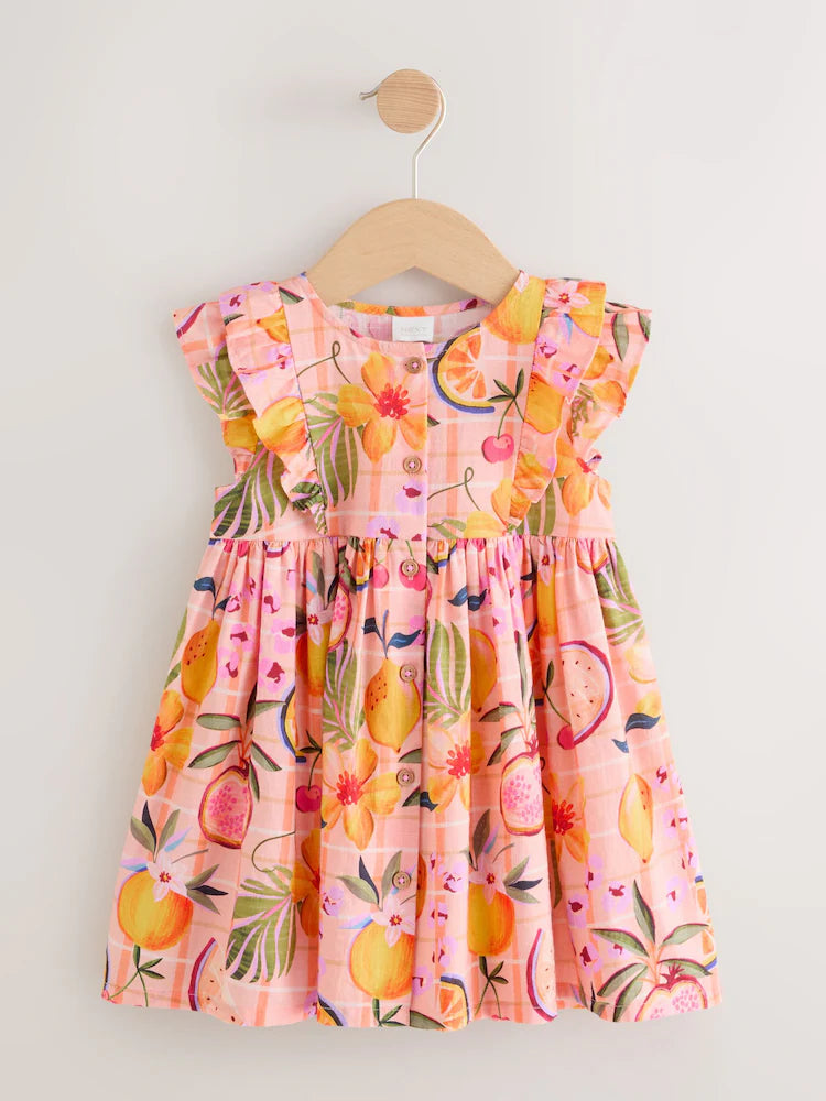 |Girl| Vestido Tropical Rosa Pêssego Com Mangas Duplas Franzidas (3 meses a 8 anos)