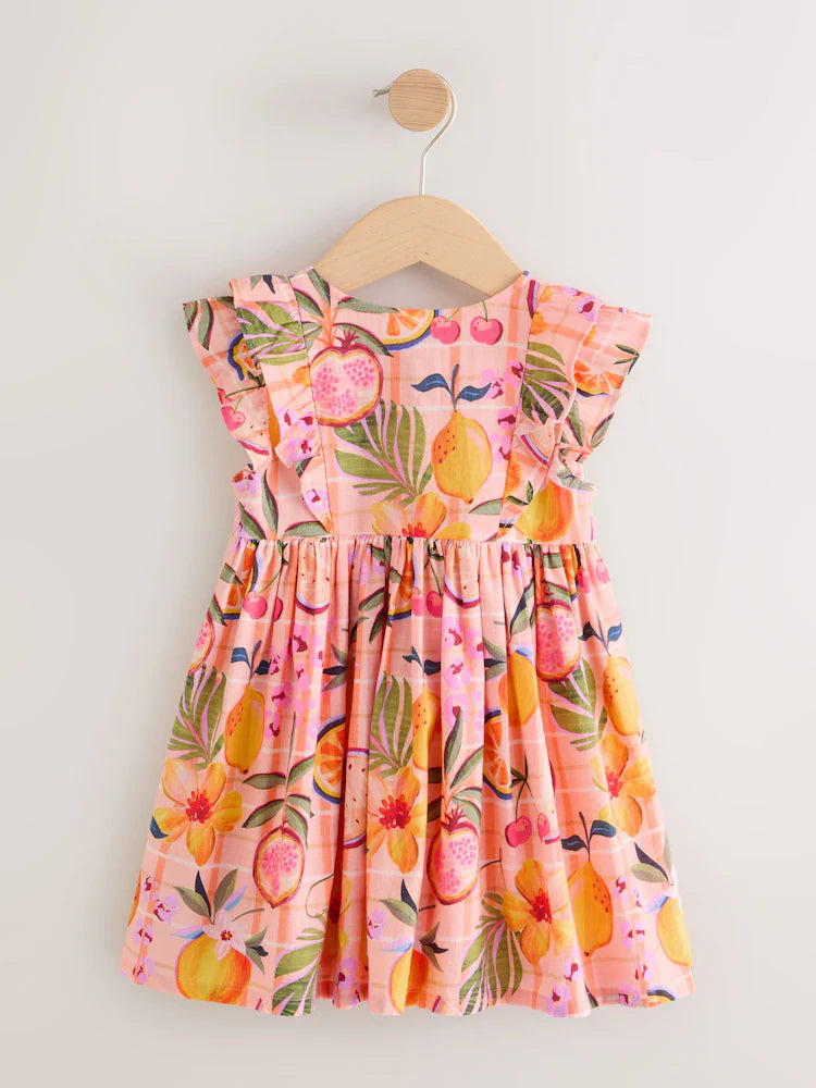 |Girl| Vestido Tropical Rosa Pêssego Com Mangas Duplas Franzidas (3 meses a 8 anos)