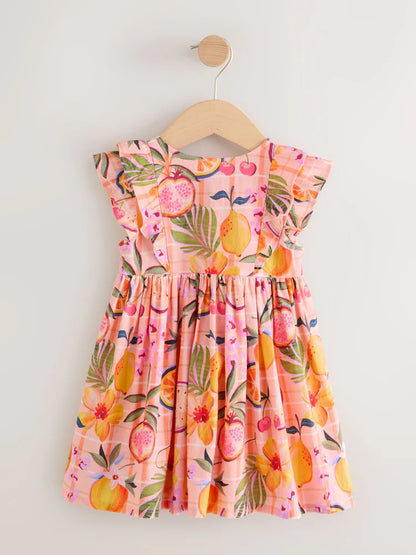 |Girl| Vestido Tropical Rosa Pêssego Com Mangas Duplas Franzidas (3 meses a 8 anos)