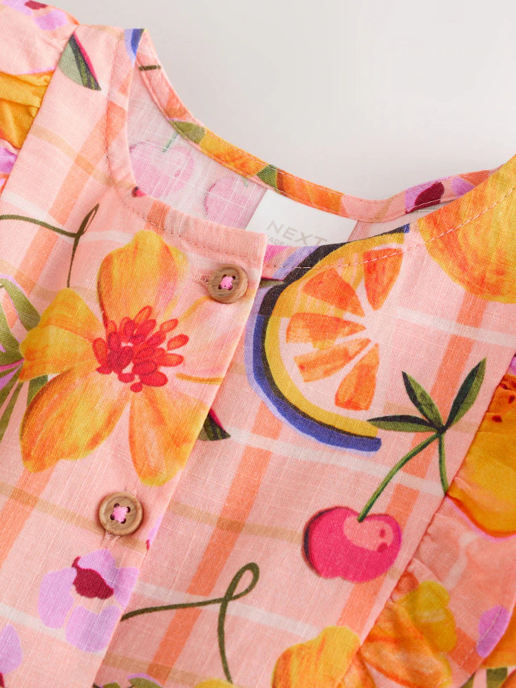|Girl| Vestido Tropical Rosa Pêssego Com Mangas Duplas Franzidas (3 meses a 8 anos)