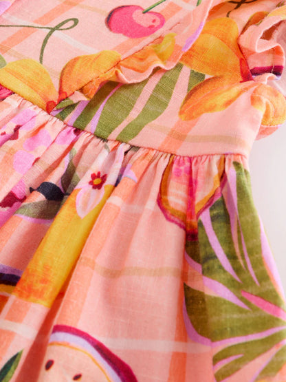 |Girl| Vestido Tropical Rosa Pêssego Com Mangas Duplas Franzidas (3 meses a 8 anos)
