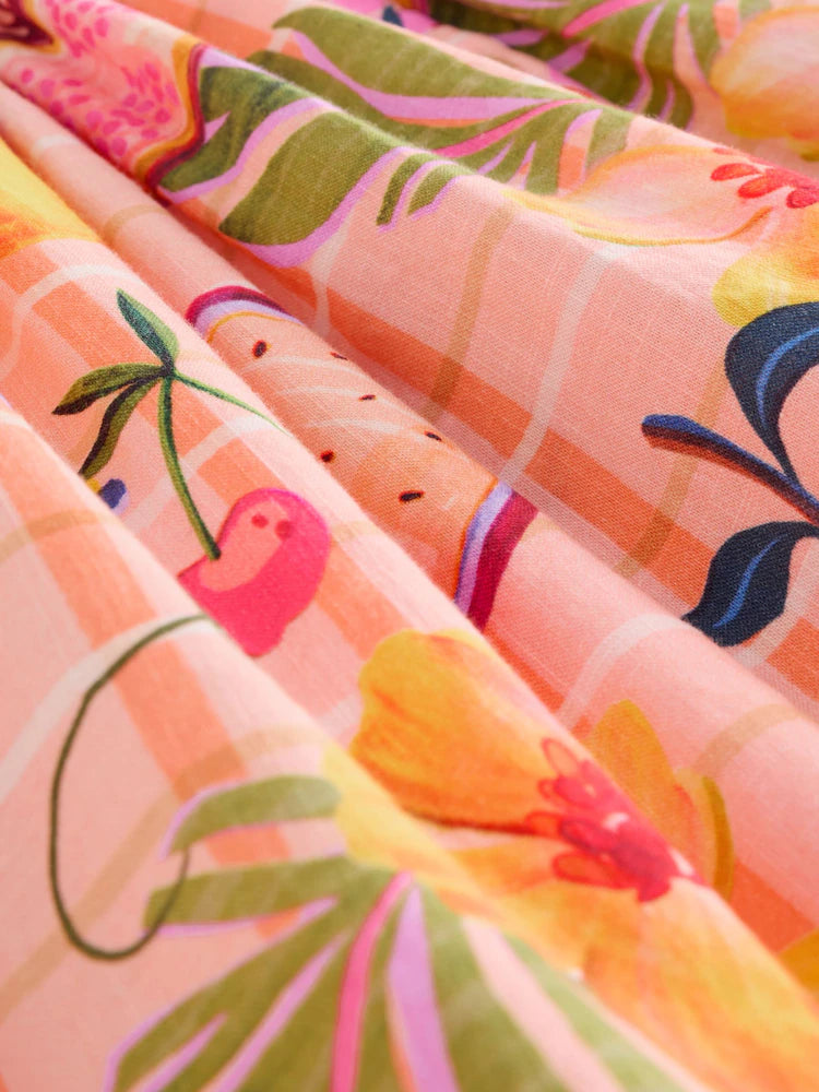 |Girl| Vestido Tropical Rosa Pêssego Com Mangas Duplas Franzidas (3 meses a 8 anos)