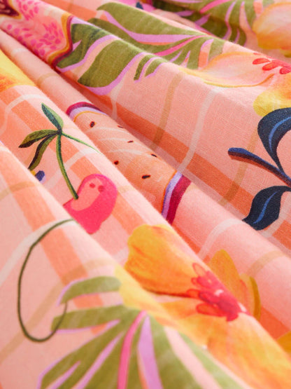 |Girl| Vestido Tropical Rosa Pêssego Com Mangas Duplas Franzidas (3 meses a 8 anos)