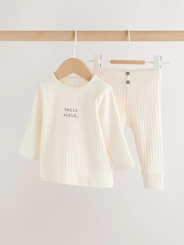 |BabyBoy| Conjunto Infantil Hello World, Composto Por Blusa e Calça Legging Creme (0-18 meses)