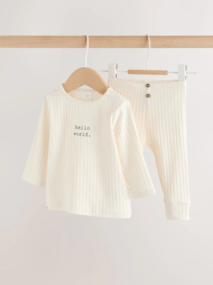 |BabyBoy| Conjunto Infantil Hello World, Composto Por Blusa e Calça Legging Creme (0-18 meses)
