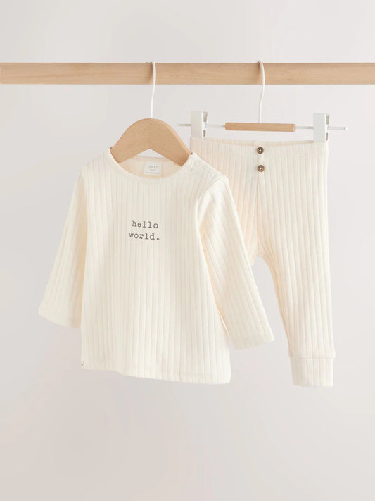 |BabyBoy| Conjunto Infantil Hello World, Composto Por Blusa e Calça Legging Creme (0-18 meses)