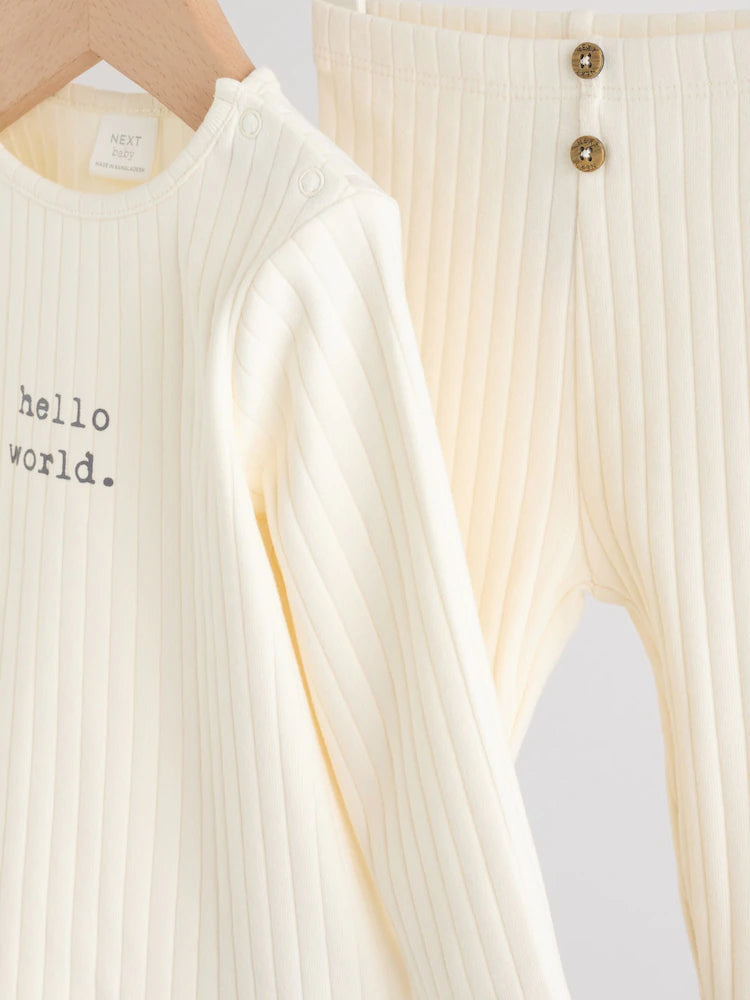 |BabyBoy| Conjunto Infantil Hello World, Composto Por Blusa e Calça Legging Creme (0-18 meses)