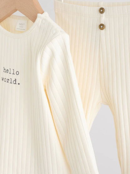 |BabyBoy| Conjunto Infantil Hello World, Composto Por Blusa e Calça Legging Creme (0-18 meses)
