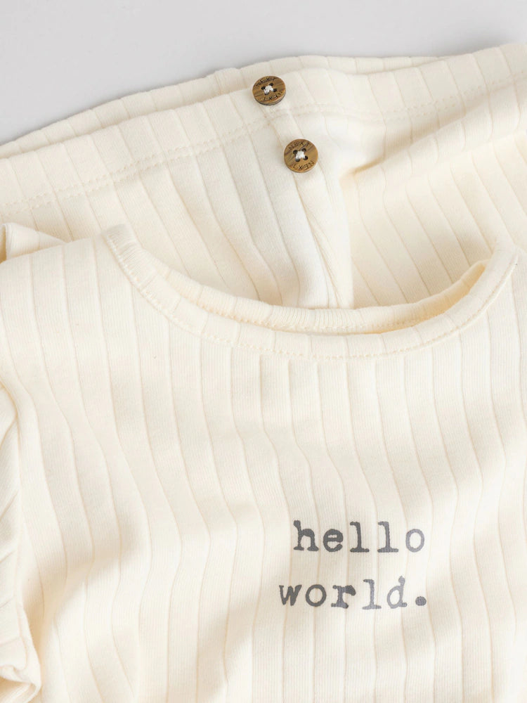 |BabyBoy| Conjunto Infantil Hello World, Composto Por Blusa e Calça Legging Creme (0-18 meses)
