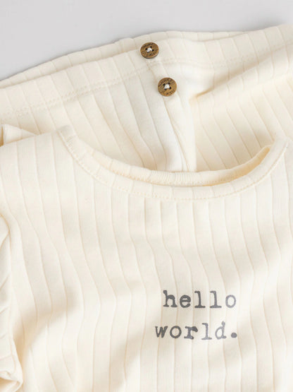 |BabyBoy| Conjunto Infantil Hello World, Composto Por Blusa e Calça Legging Creme (0-18 meses)