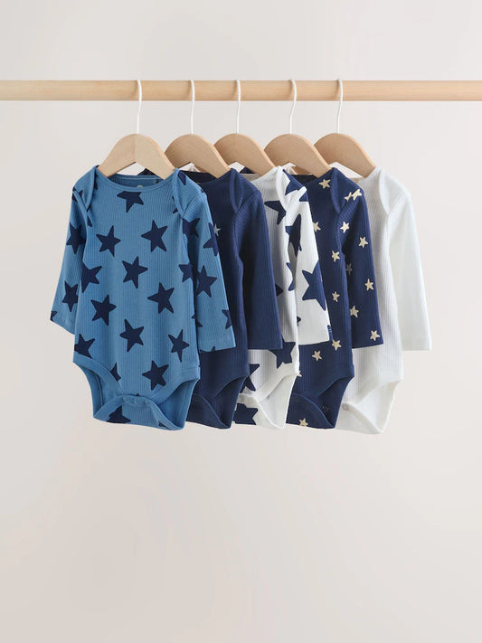 |BabyGirl| Conjunto Com 5 Bodies De Manga Comprida Com Estampa De Estrela Azul-Marinho