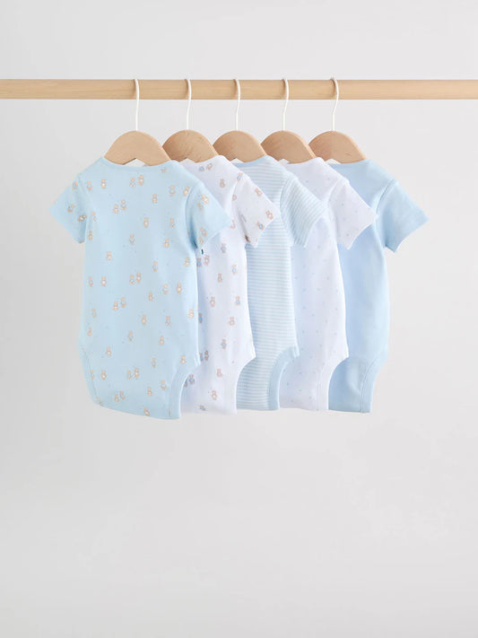 |BabyBoy| Conjunto Com 5 Bodies De Manga Curta Azuis Com Estampa De Urso Para Bebês