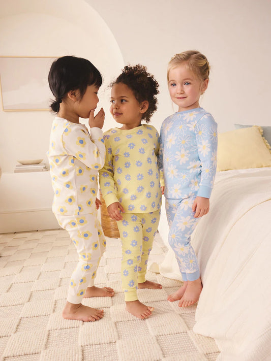 |Girl| Conjunto De 3 Pijamas Aconchegantes Com Estampa De Margaridas Amarelas e Azuis (9 meses a 12 anos)