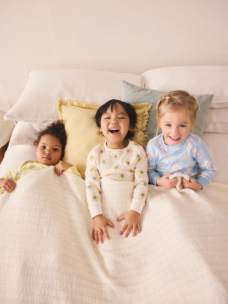 |Girl| Conjunto De 3 Pijamas Aconchegantes Com Estampa De Margaridas Amarelas e Azuis (9 meses a 12 anos)