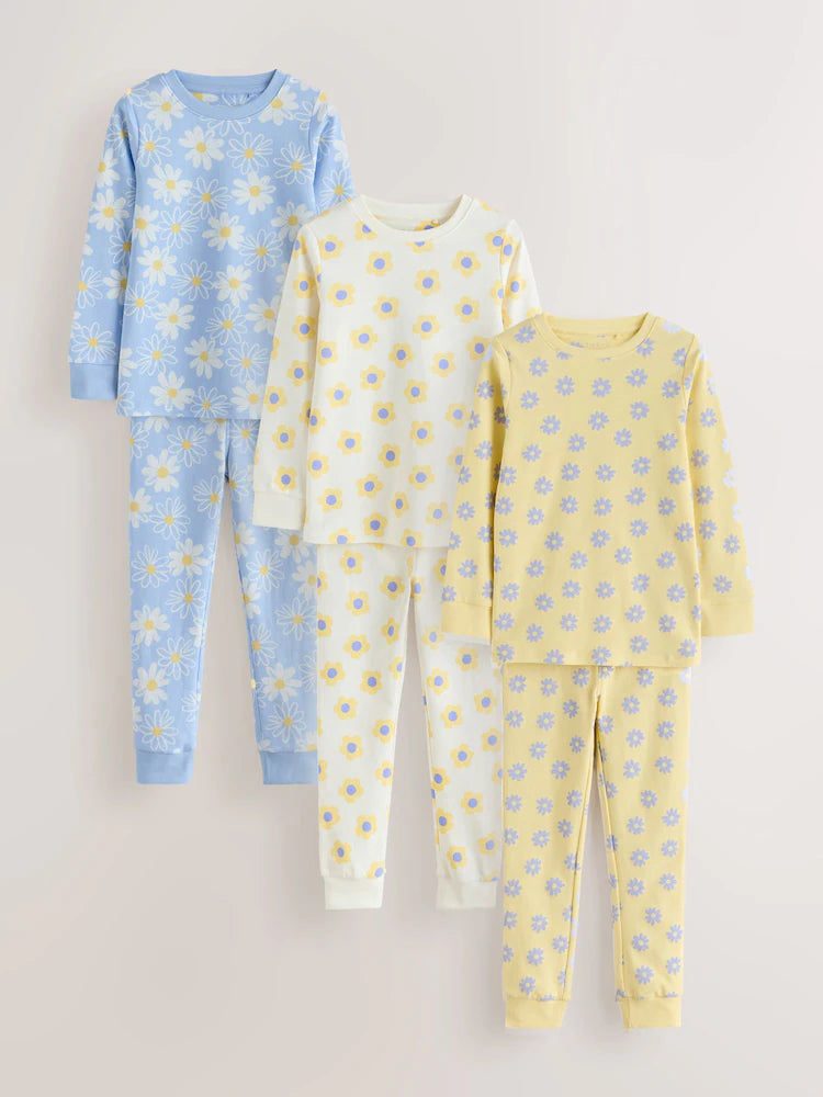 |Girl| Conjunto De 3 Pijamas Aconchegantes Com Estampa De Margaridas Amarelas e Azuis (9 meses a 12 anos)