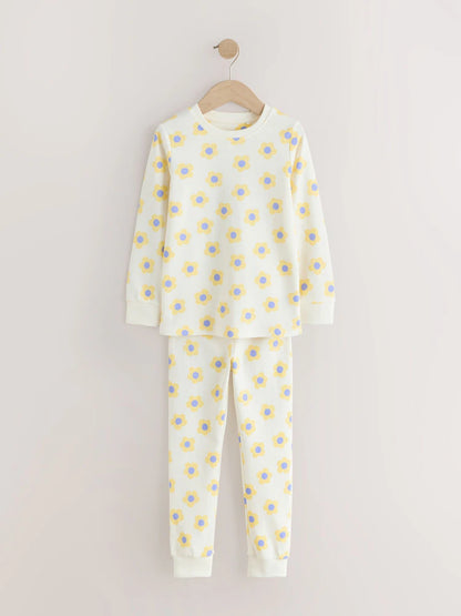 |Girl| Conjunto De 3 Pijamas Aconchegantes Com Estampa De Margaridas Amarelas e Azuis (9 meses a 12 anos)