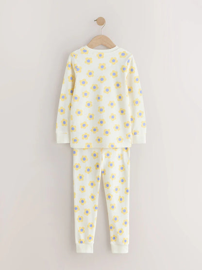 |Girl| Conjunto De 3 Pijamas Aconchegantes Com Estampa De Margaridas Amarelas e Azuis (9 meses a 12 anos)