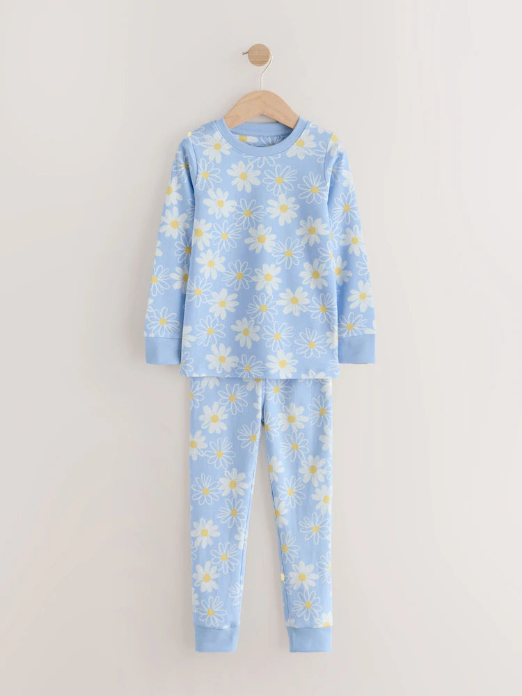 |Girl| Conjunto De 3 Pijamas Aconchegantes Com Estampa De Margaridas Amarelas e Azuis (9 meses a 12 anos)
