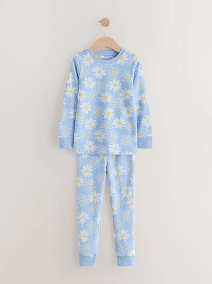 |Girl| Conjunto De 3 Pijamas Aconchegantes Com Estampa De Margaridas Amarelas e Azuis (9 meses a 12 anos)