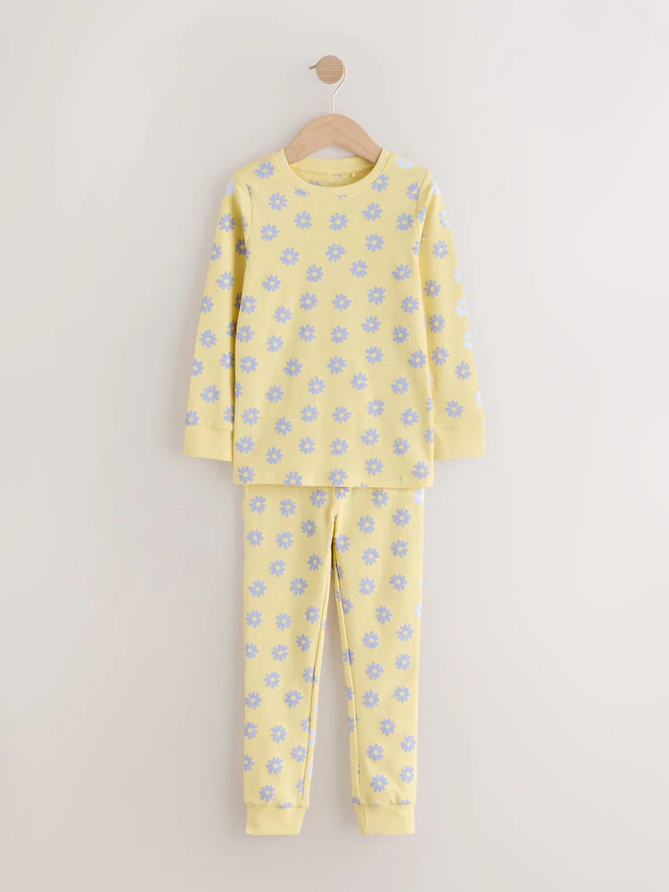 |Girl| Conjunto De 3 Pijamas Aconchegantes Com Estampa De Margaridas Amarelas e Azuis (9 meses a 12 anos)