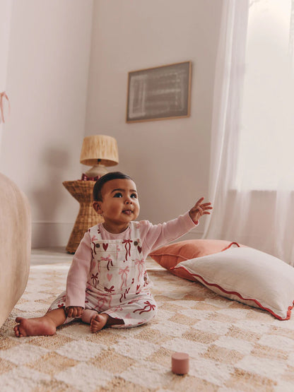 |BabyGirl| Conjunto De Jardineira e Body Para Bebê Com Laços Creme/Rosa (2 peças, 0 meses a 3 anos)