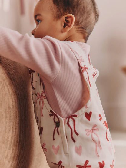 |BabyGirl| Conjunto De Jardineira e Body Para Bebê Com Laços Creme/Rosa (2 peças, 0 meses a 3 anos)